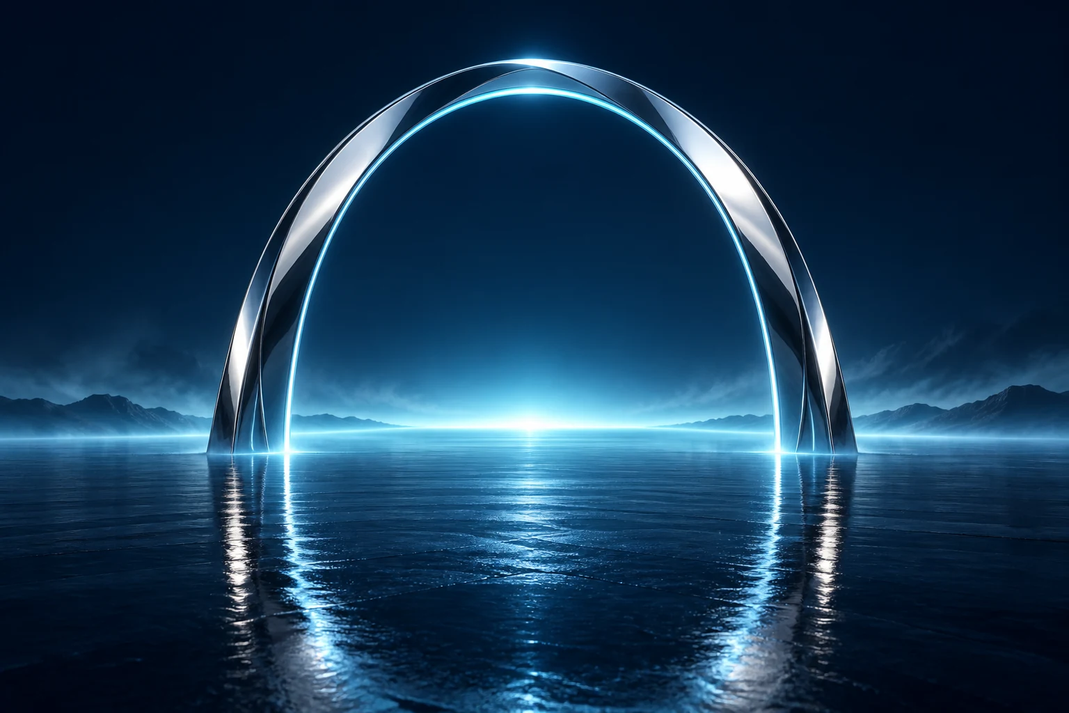 Monumental chrome Arc arch above a dark reflective sea and luminous blue horizon